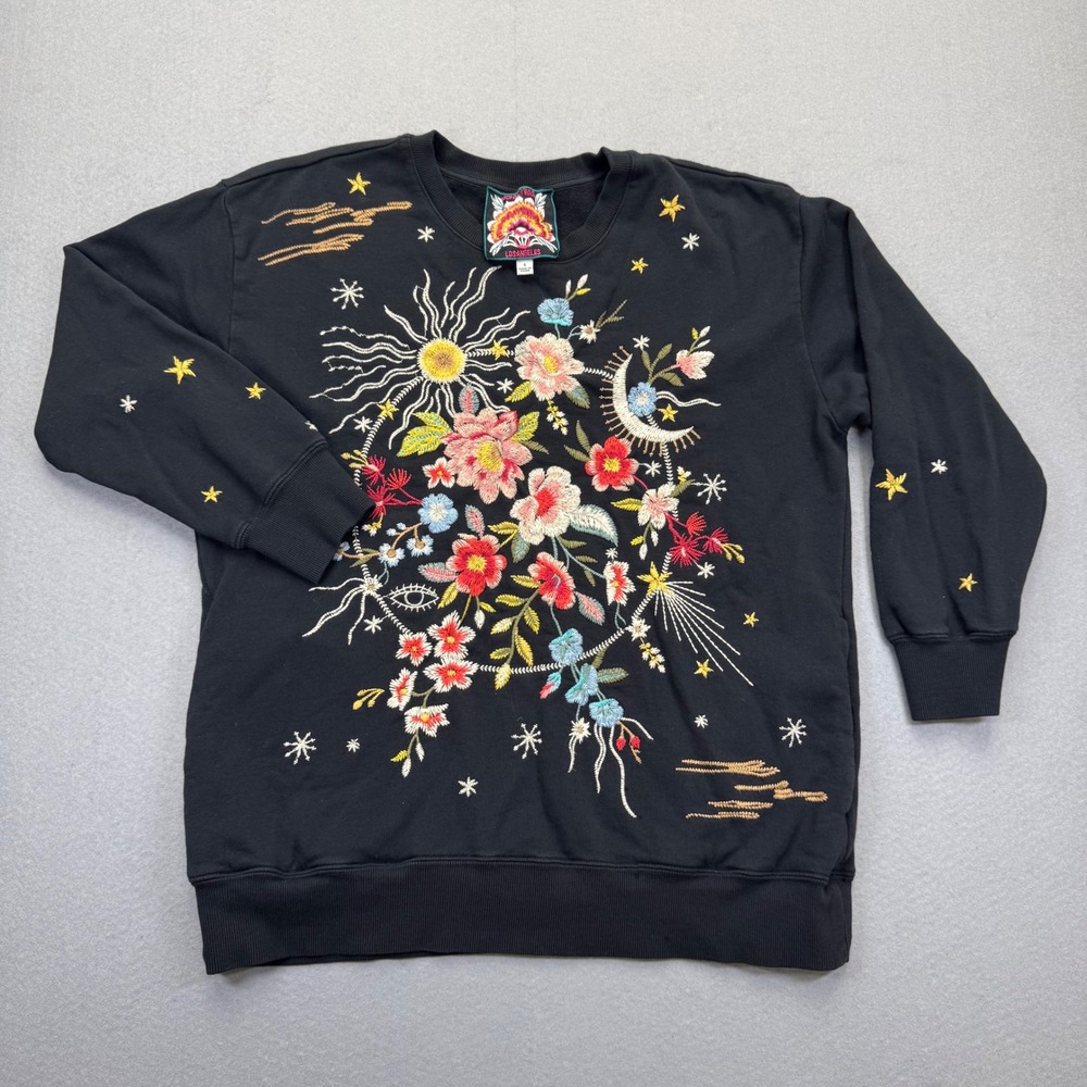 Johnny Was J19522-2 Black Embroidered Celestial Floral‎ Sweatshirt Womens Small - Picture 2 of 9